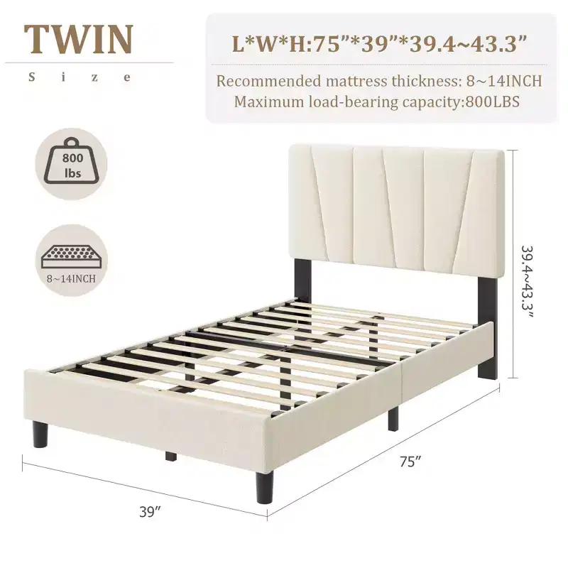 Twin Size Platform Bed Frame with Adjustable Headboard, Linen Upholstered Frame with Wooden Slats - No Box Spring Needed, Easy Assembly