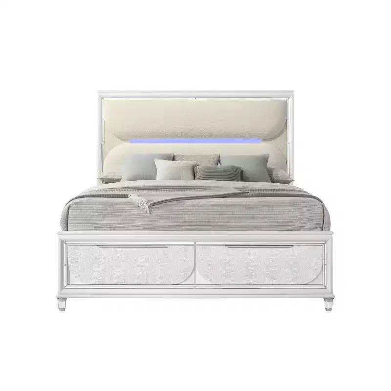79.65" Eastern King Bed Tarian Bed White Boucle Pearl White Finish - Acme Furniture: LED Light Headboard, Storage Footboard, Acrylic Upholstery