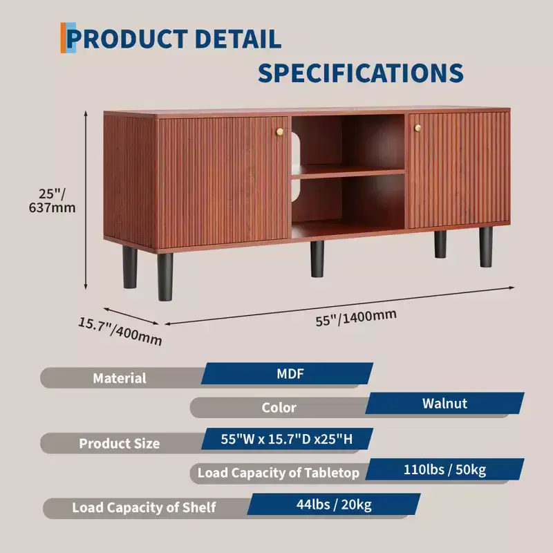 TV Stand Console, Wooden Fluted Media Console Table, Mid Century Entertainment Center with Adjustable Shelf and Storage for Bedroom Living Room