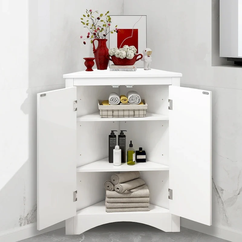 Triangle Bathroom Storage Cabinet with Adjustable Shelves, Freestanding Floor Cabinet for Home Kitchen