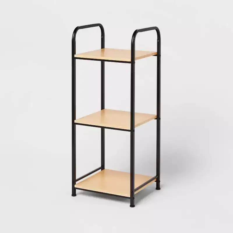 Short Bath Wood Storage Tower Black Metal - Powder-Coated MDF, Fixed Shelves, Rust-Resistant
