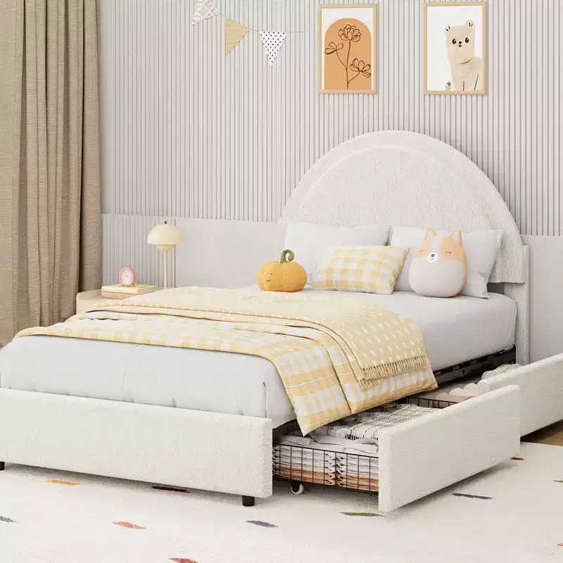 Bed Frame with Storage Drawers, Upholstered Boucle Platform Bed with Round Headboard, Heavy Duty & Noise Free, No Box Spring Needed