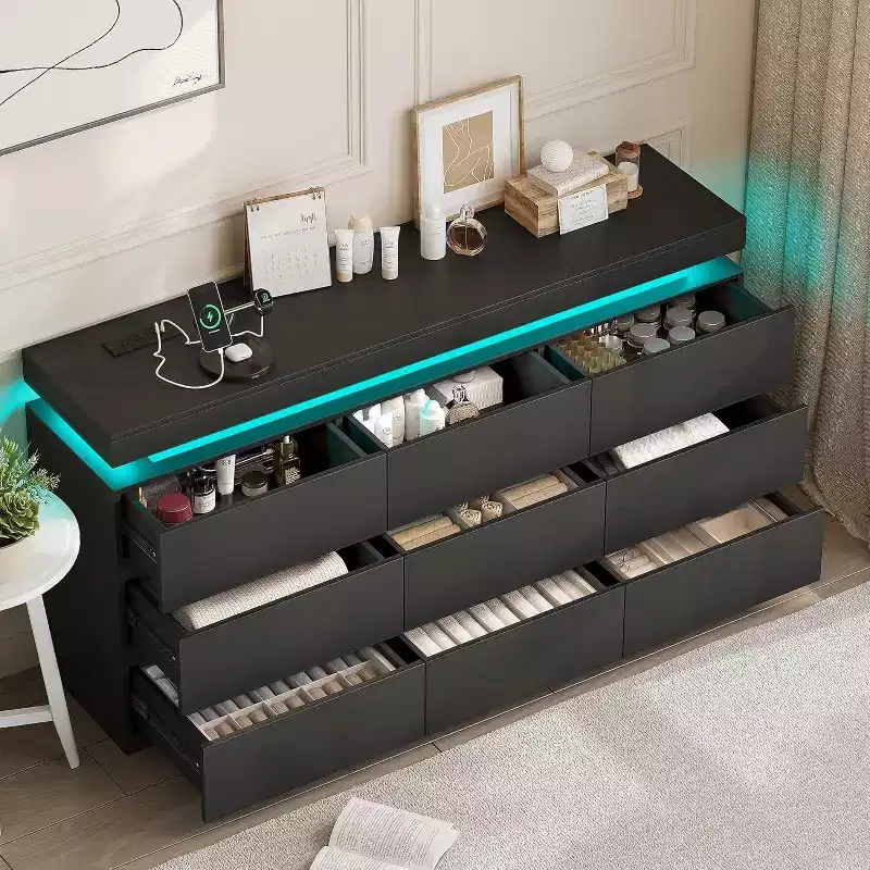 Dyoney 9-drawer vanity with power socket and LED lights, spacious storage cabinet, charging dock
