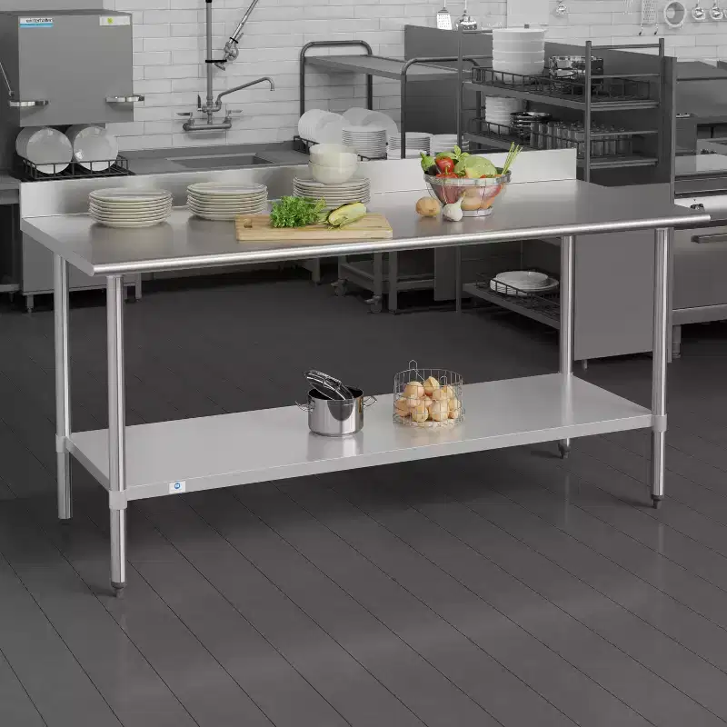 Flash Furniture Reese Commercial Grade 430 Stainless Steel 18 Gauge NSF Certified Kitchen Prep and Work Table with Adjustable Shelf and Backsplash