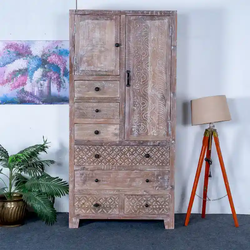 Antique White / Brown Solid Wood Armoire with 7 Drawers & 2 Doors