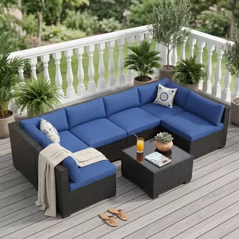 7-Piece Outdoor Patio Sofa Chair Set,Durable Iron Frame Brown Gradient Wicker Sectional with Soft Cushions,Conversation Set for Patio,Garden,Backyard