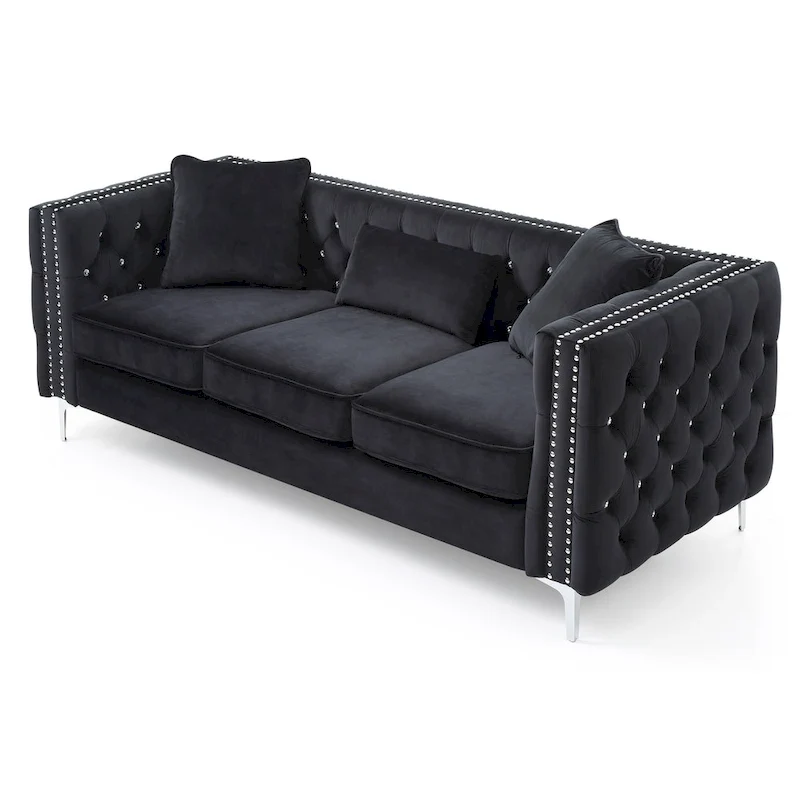 Paige 86 in. Tufted Velvet 3-Seater Sofa with 2-Throw Pillow - 86L x 34W x 30H