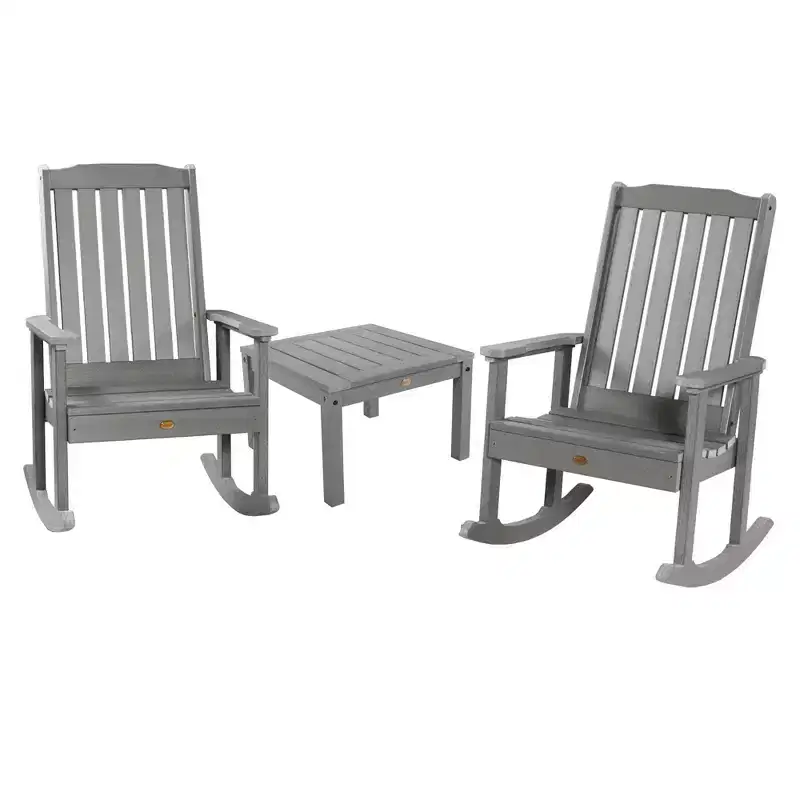 Lehigh 2pk Rocking Chairs with 1 Adirondack Side Table Coastal Teak Gray- Highwood: Outdoor Patio Furniture Set