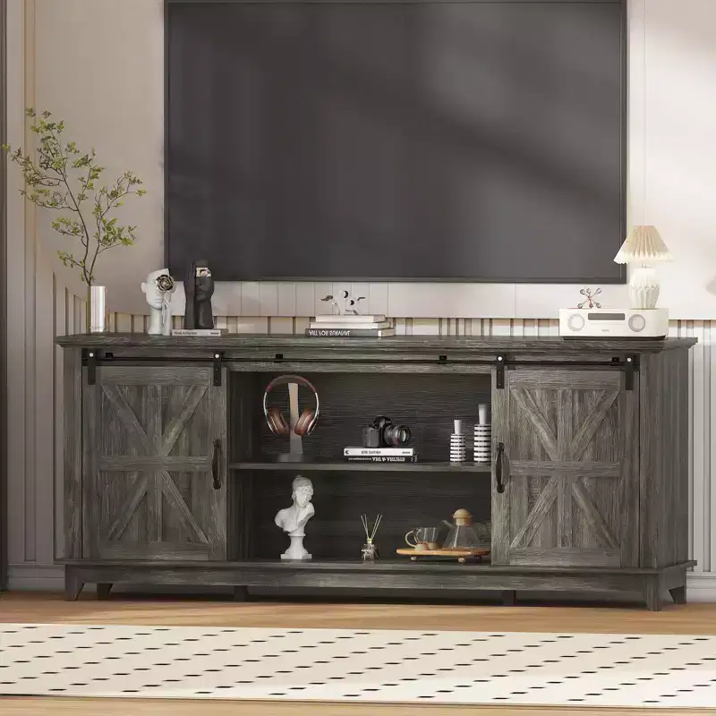 Farmhouse TV Stand for 75 Inch TV with Barn Doors, Adjustable Shelves and Storage Cabinets for Living Room