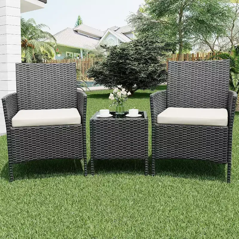 3-Piece Outdoor Patio Furniture Set, Modern Rattan Chair Conversation Set with Coffee Table for Garden, All-Weather Wicker & Steel Frame