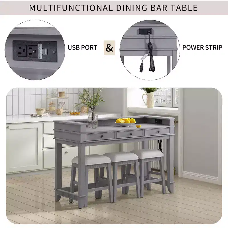 Whisen 4-Piece Dining Bar Table Set with 3 Upholstered Stools and 3 Drawers