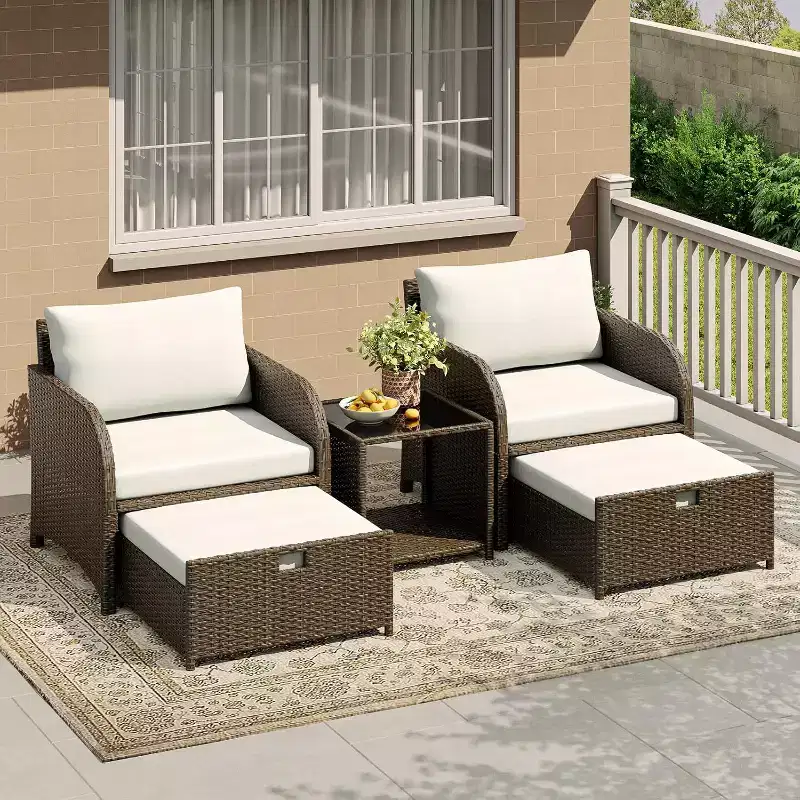 GustoWave 5-Piece PE Rattan Patio Furniture Set, Outdoor Wicker Seating with Ottomans & Glass Table, All-Weather Conversation Set for Garden Balcony