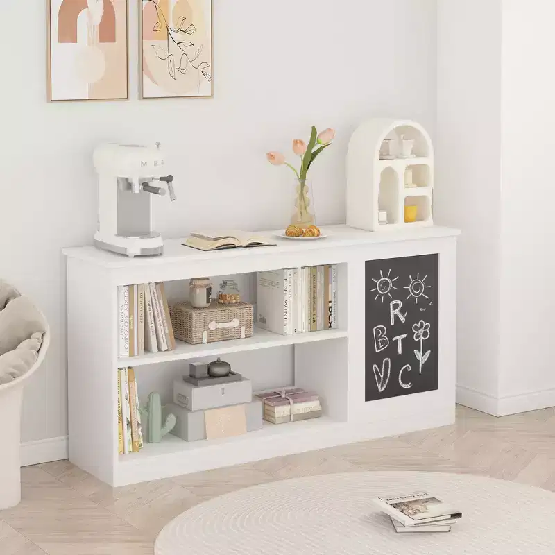 3-in-1 Kids Bookshelf and Toy Storage Cabinet with Chalkboard, Dual Open Shelves - White