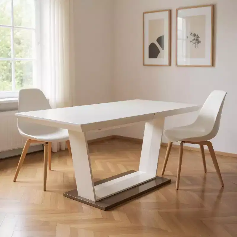 HomeRoots 71 White Wood and Metal Self-Storing Leaf Pedestal Base Extendable Dining Table
