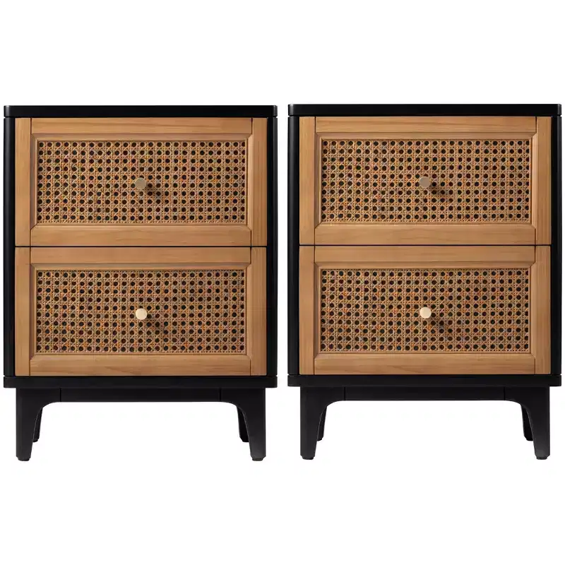 COZAYH Modern Farmhouse 2 Drawer Bedroom Nightstand, Bedside End Table with Single Compartment Storage and Weave Pattern Front, Black, Set of 2