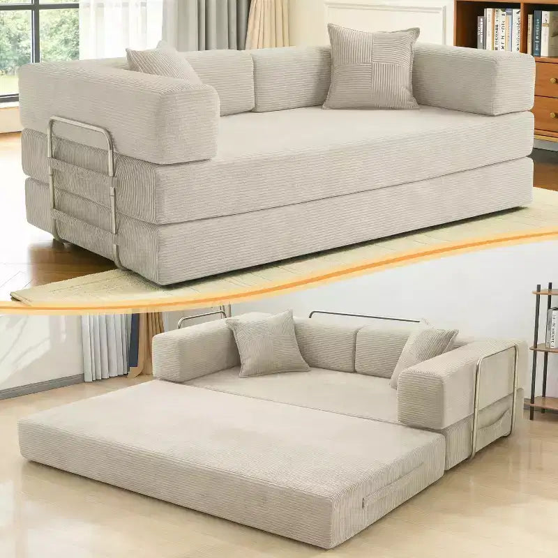 Dyonery 78.8 5-in-1 Convertible Sofa Bed - Folding Modular Corduroy Futon Couch with 2 Pillows No Assembly for Living Room Bedroom