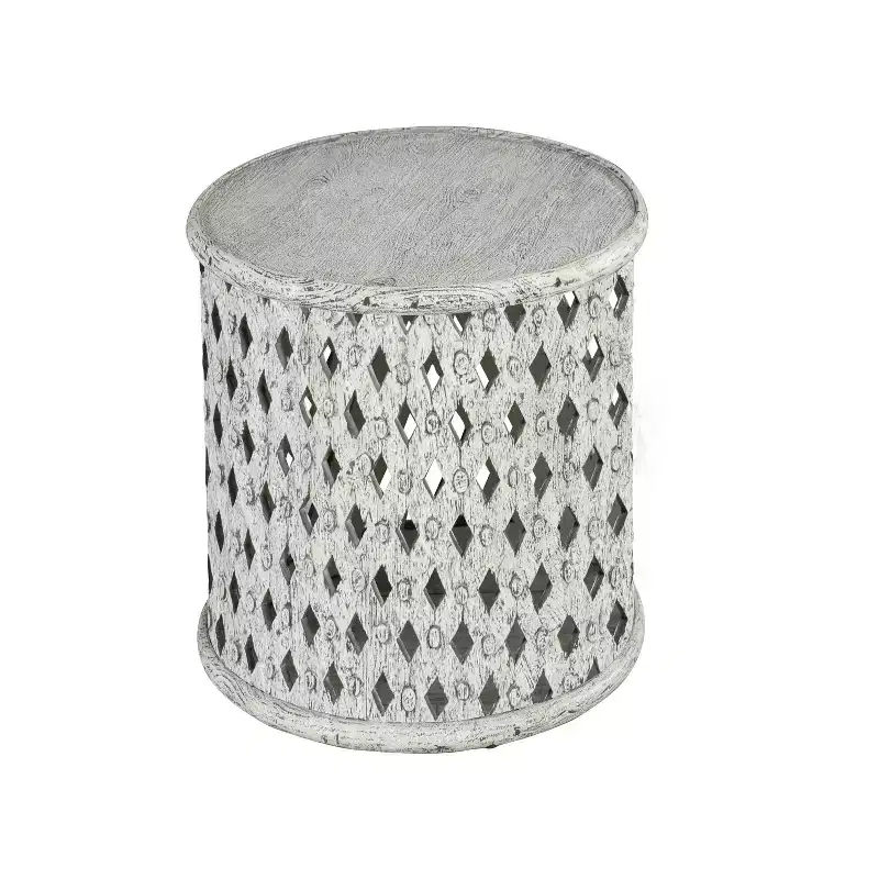 Round End Table, Alabaster Finish, Mango Wood, Lattice Base, No Assembly
