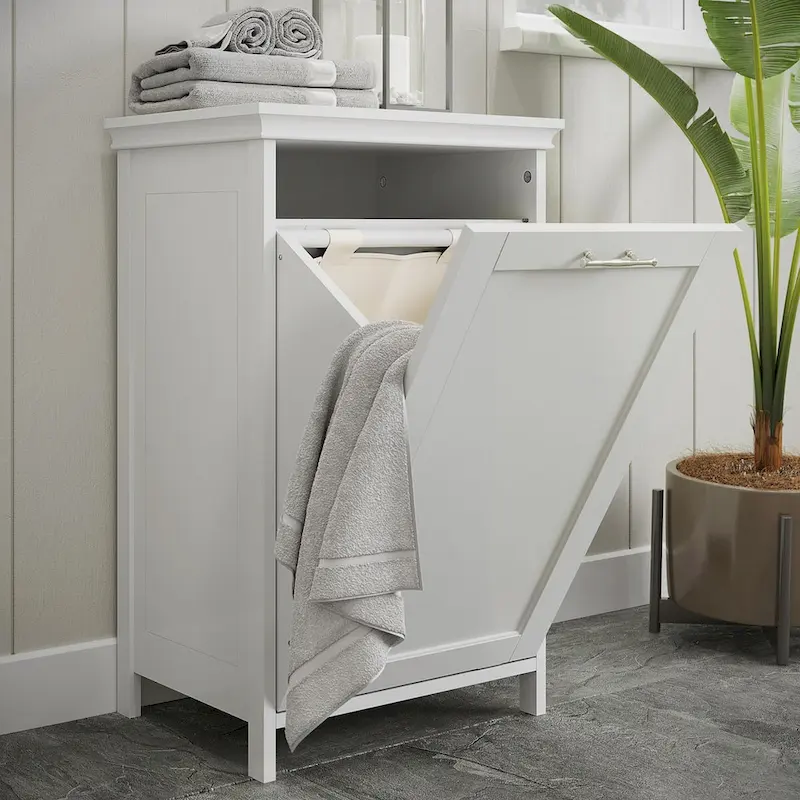 White Tilt-Out Laundry Hamper Cabinet with Removable Cloth Bag