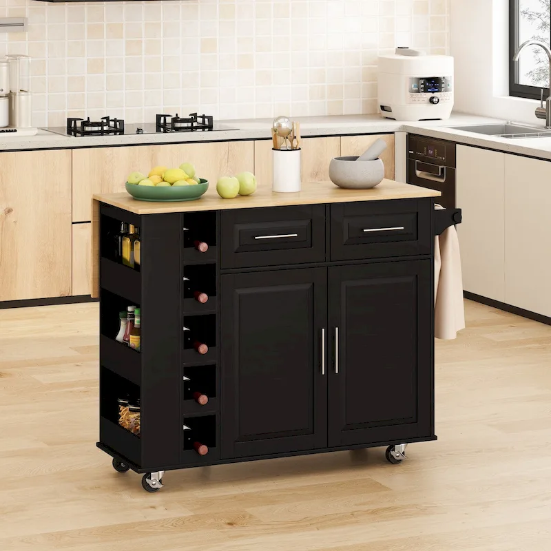 Foldable Kitchen Island Cart with Spice Rack, Towel Holder & Wine Rack