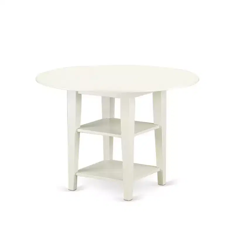 5-Piece Linen White Finish Solid Wood Top - Round Dining Room Set - Seats 4