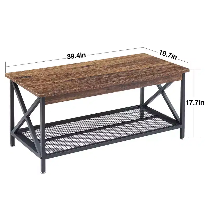 VECELO Industrial Wooden Coffee Table with Open Shelves and Storage X-Shaped Frame Rectangle Table