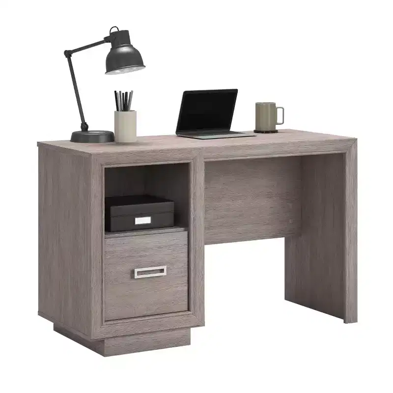 Home Office Desk with File Drawer and Open Shelf – Ashen Oak Finish