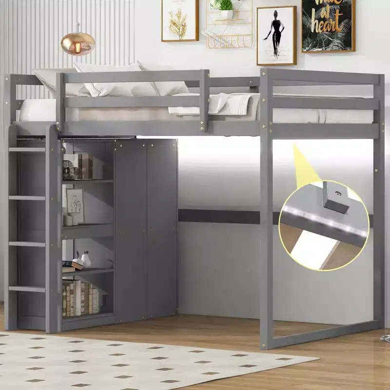 Full Size Wood Loft Bed with Built-in Wardrobe, Storage Shelves & LED Light, White/Gray - ModernLuxe