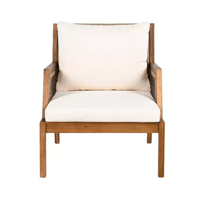 Christopher Knight Home Grania Patio Rattan and Acacia Wood Club Chair with Cushion, Brown/Cream