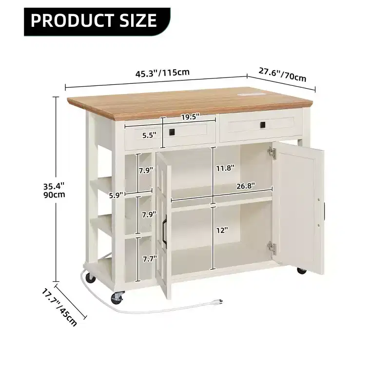 Rolling Kitchen Island Cart with Folding Drop Leaf & Power Outlets Kitchen Storage Cart with Drawers with Adjustable Shelves, Beige