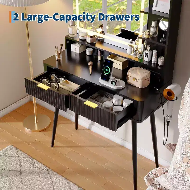 31.5 LED Makeup Vanity Desk with Lighted Mirror, Dressing Table with 2 Drawers, 3 Color Lighting Modes & Built-in Power Outlet for Bedroom Storage