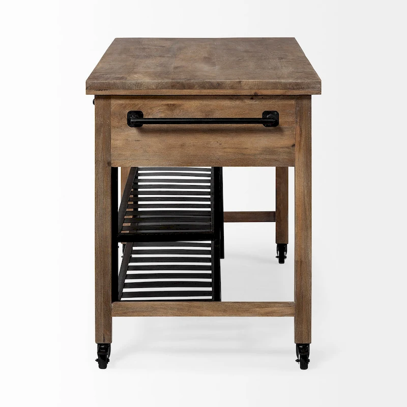 Stuart I Brown Solid Wood Top Two-Tier Black Metal Rolling Kitchen Island - 28.0L x 60.0W x 34.0H
