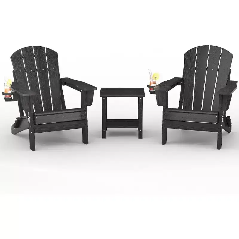 Folding Adirondack Chair Set of 2 with Side Table, All-Weather HDPE Wooden Texture & Cup Holder for Patio Deck Garden, Black