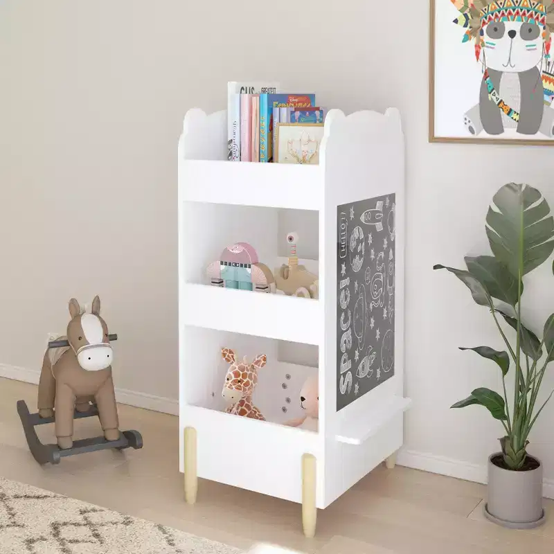 Kids Bookshelf with Chalkboard Side – Bear-Shaped Wooden Bookcase with 3-Tier Storage for Toddlers