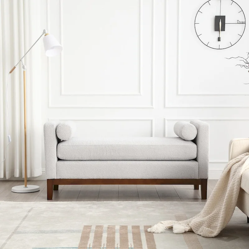 53.5W Elegant Boucle Upholstered Bench, Ottoman with Wood Legs & Bolster Pillows
