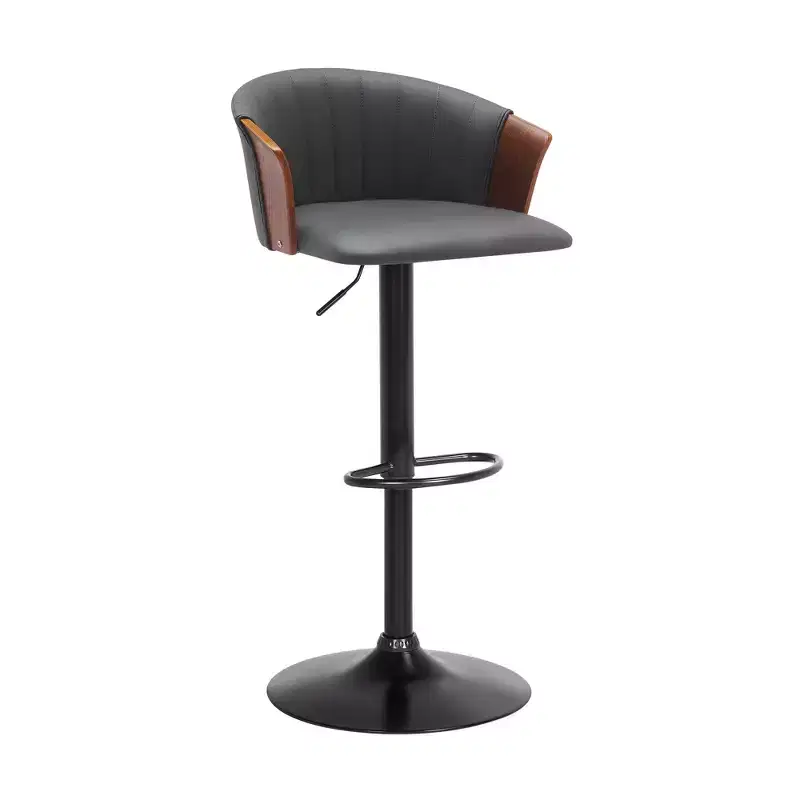 HomeRoots Gray and Black Faux Leather with Metal Swivel Adjustable Height Bar Chair
