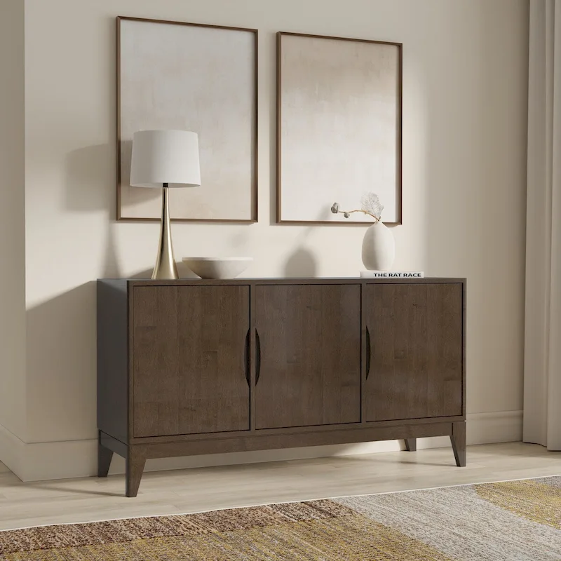 WYNDENHALL Pearson SOLID HARDWOOD 60 inch Wide Rectangle Modern 3 Door Sideboard Buffet / Storage Cabinet in Walnut Brown