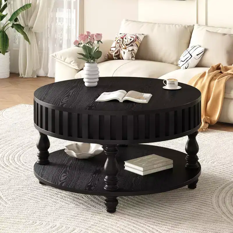 Okak Vintage Round 2-Tier Coffee Table with Dual Storage,Solid Wood Veneer Center Table for Living Room,Bedroom