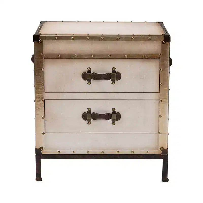 Vintage Canvas 2 Drawer End Table Trunk, White/Coffee/Black