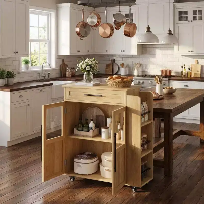 COZONY Mobile Kitchen Island Cart with Wheels, Storage Cabinet with Drawer, Spice Rack & Towel Bar, Rolling Kitchen Cart for Small Spaces