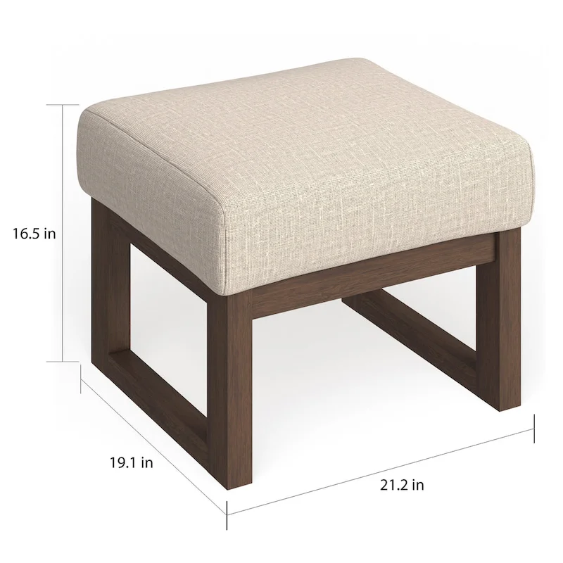 Mid-Century Modern Upholstered Ottoman Stool | Light Beige Fabric | Solid Wood Legs