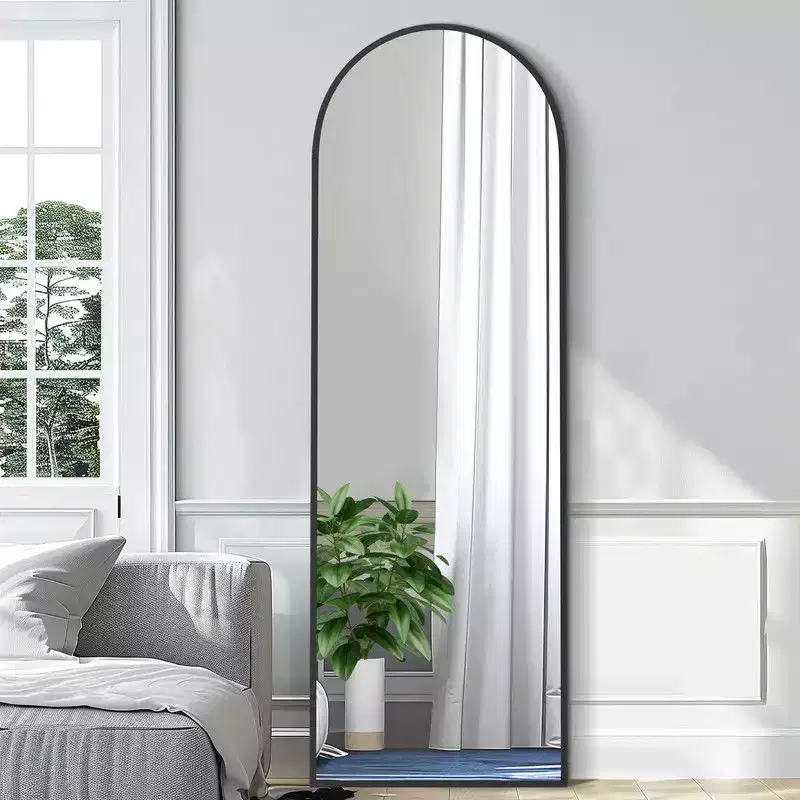 23 in W x 67 in H Oversized Carved Arch Wood Full Length Black Wall Mounted Standing Mirror