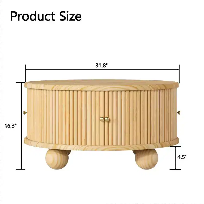 31.8 Modern Coffee Table, Round Fluted Center Table with Storage, Wooden Cocktail End Table for Living Room Bedroom Office