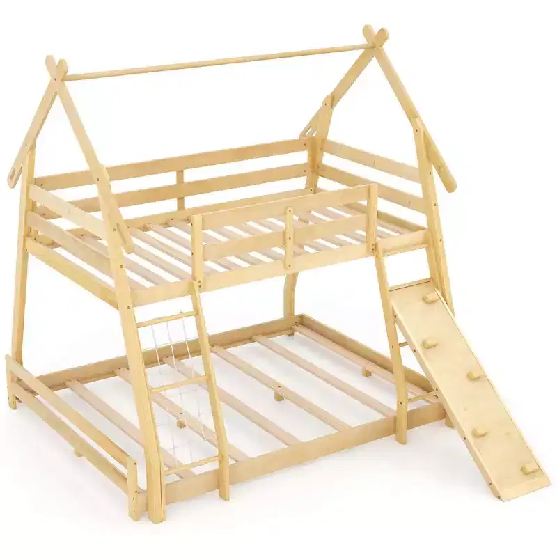 Costway Twin Over Queen Bunk Bed House Shaped Bed Frame with Climbing Nets and Ramp Gray/Natural/White