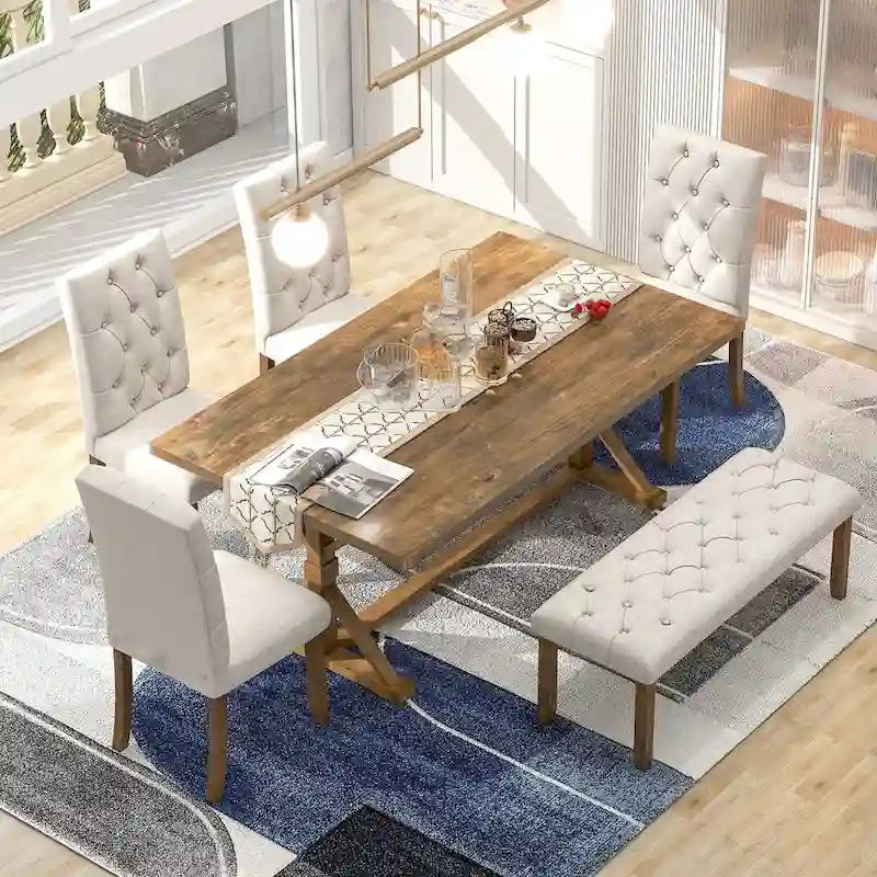 6-Piece Farmhouse Dining Table Set 72 Wood Rectangular Table, 4 Upholstered Chairs with Bench