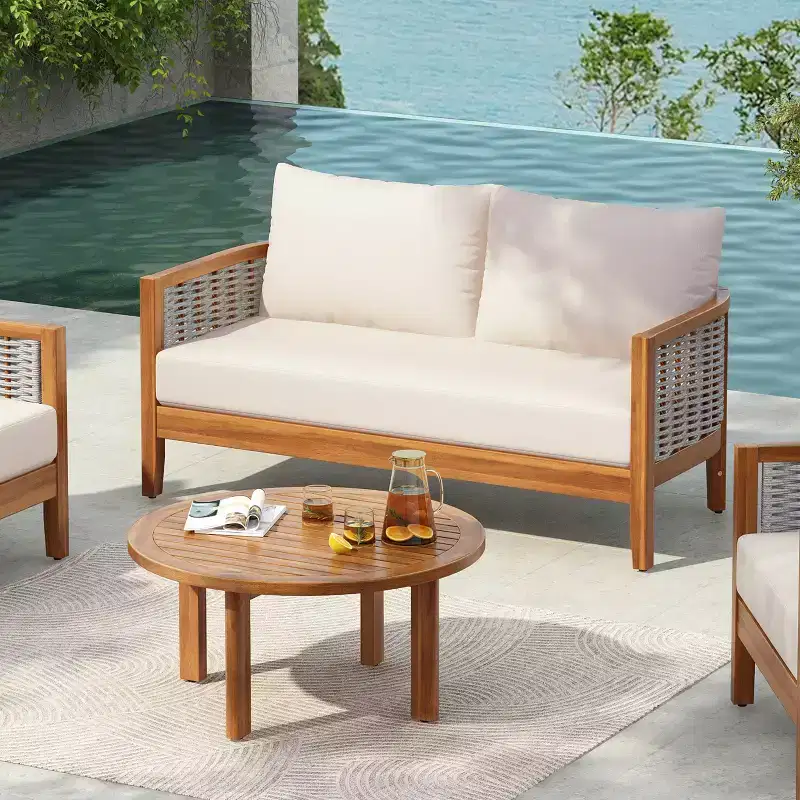 Christopher Knight Home Tulen Modern Patio Acacia Wood Woven Rope Loveseat with Slatted Round Table