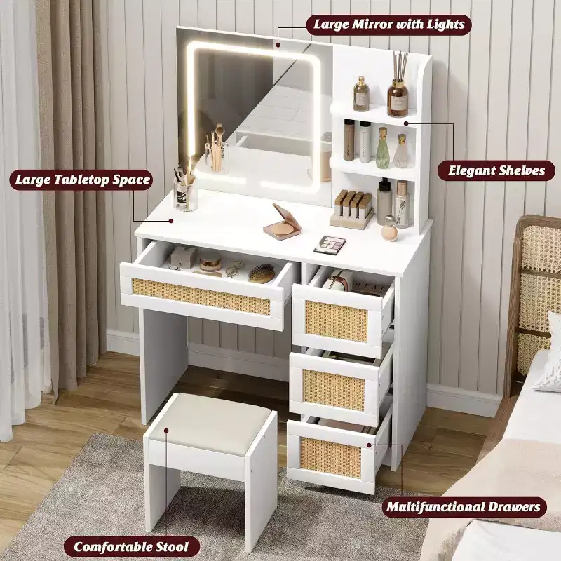 Vanity Desk, Makeup Vanity - Rattan Table with Adjustable LED Light & Mirror, 4 Drawers, 2-Tier Open Shelves, Large Storage for Bedroom (White)