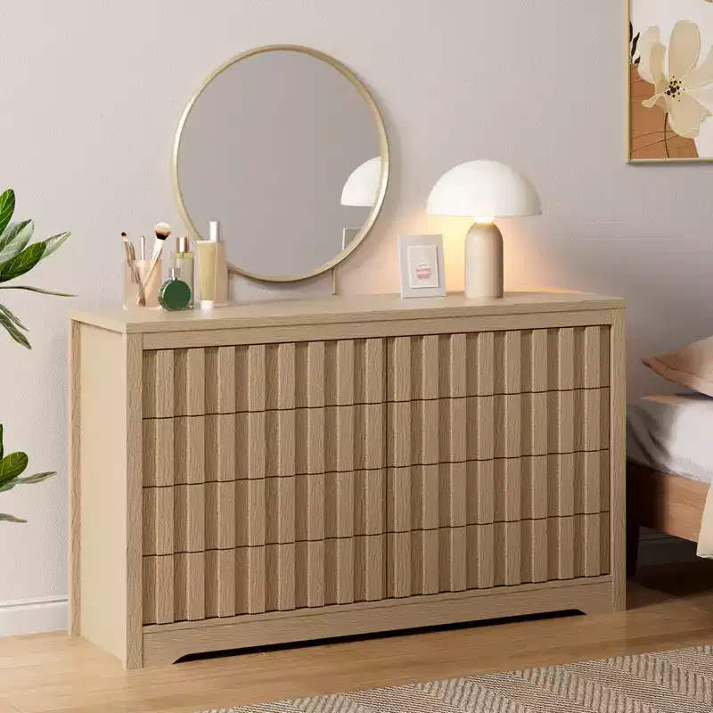Fluted 8-Drawer Modern Wooden Dresser Handleless Chest with Deep Storage for Bedroom, Living Room & Hallway, Natural Oak
