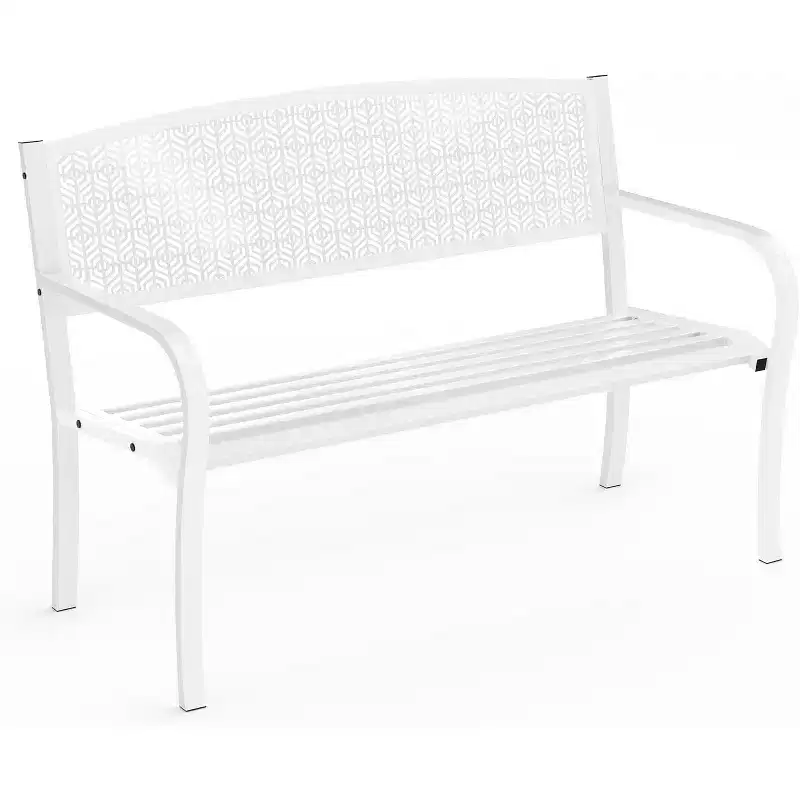 50 Weather-Resistant Metal Garden Bench, Outdoor Steel Patio Seating w/ Curved Backrest & Decorative Pattern for Porch, Yard, Park & Deck