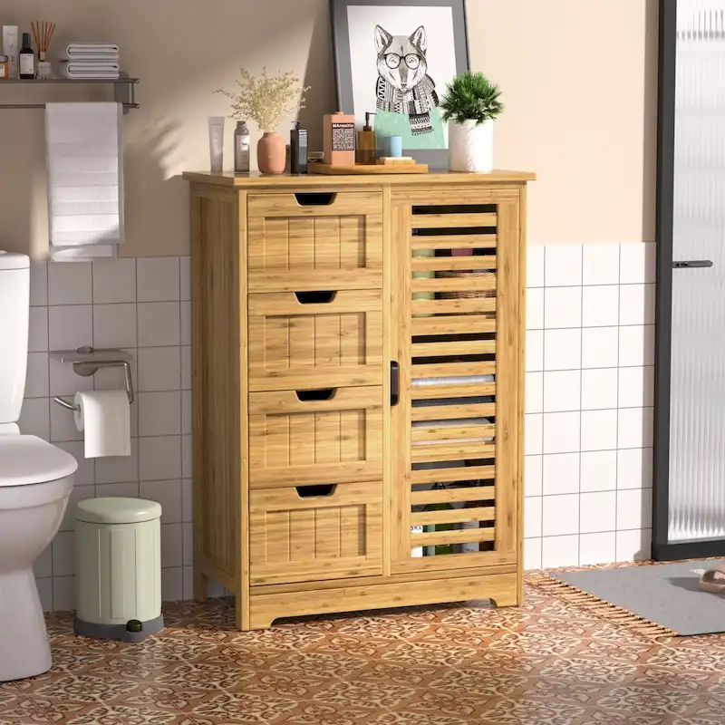 Bathroom Floor Storage Cabinet with 4 Drawers and Adjustable Shelf, Moisture-Resistant, MDF or Bamboo