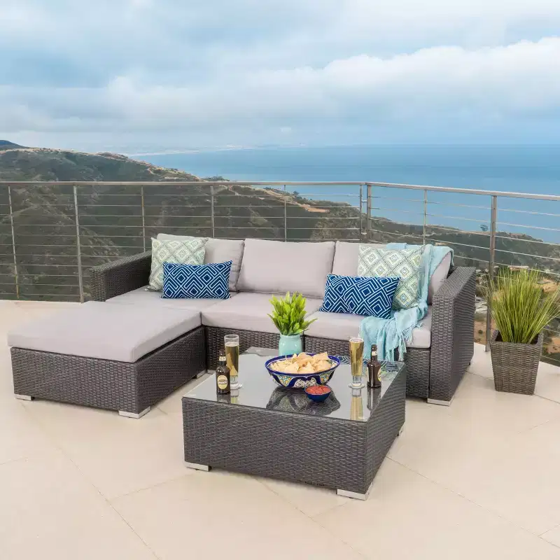 GDFStudio Avianna Outdoor Wicker 3 Seater Sofa and Ottoman Chat Set with Cushions